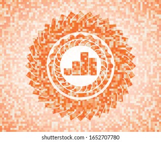 chart icon inside abstract emblem, orange mosaic background