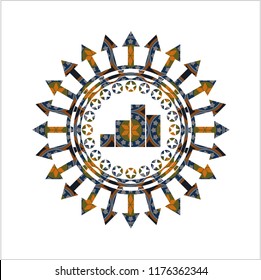chart icon inside arabic badge background. Arabesque decoration.
