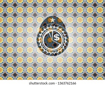 chart icon inside arabic badge. Arabesque decoration.