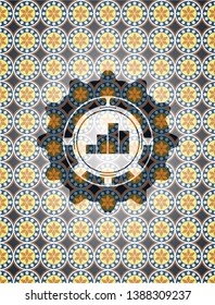 chart icon inside arabic badge background. Arabesque decoration.