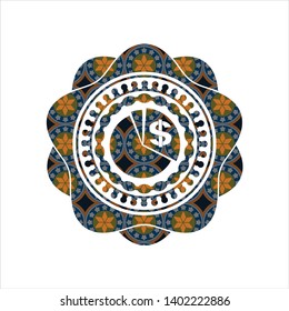 chart icon inside arabic badge. Arabesque decoration.