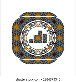 chart icon inside arabic style badge. Arabesque decoration.