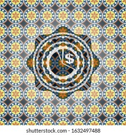 chart icon inside arabic style emblem. Arabesque decoration.