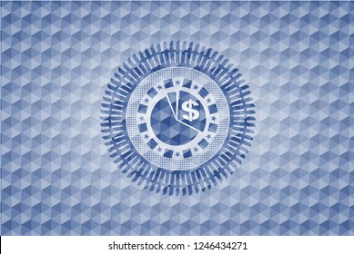 chart icon inside blue badge with geometric pattern background.