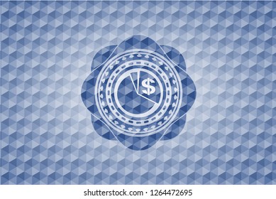 chart icon inside blue badge with geometric pattern.