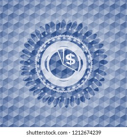 chart icon inside blue emblem or badge with abstract geometric pattern background.