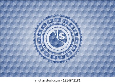 chart icon inside blue emblem with geometric background.