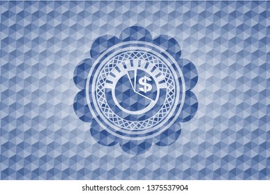 chart icon inside blue emblem or badge with geometric pattern background.