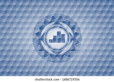 chart icon inside blue emblem or badge with abstract geometric pattern background.