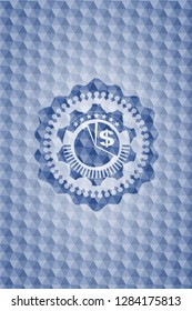 chart icon inside blue polygonal emblem.