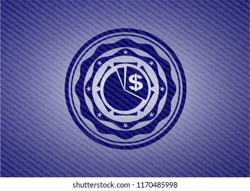 chart icon inside emblem with denim texture