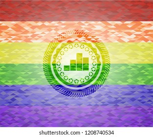 chart icon inside emblem on mosaic background with the colors of the LGBT flag