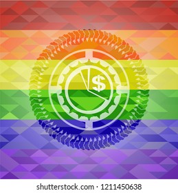 chart icon inside emblem on mosaic background with the colors of the LGBT flag