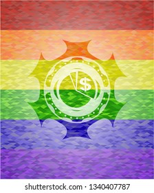 chart icon inside emblem on mosaic background with the colors of the LGBT flag
