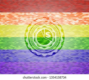 chart icon inside emblem on mosaic background with the colors of the LGBT flag