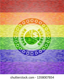 chart icon inside emblem on mosaic background with the colors of the LGBT flag