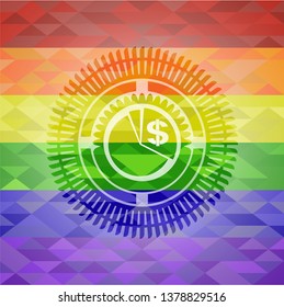 chart icon inside emblem on mosaic background with the colors of the LGBT flag