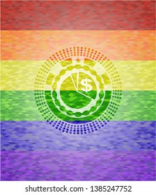 chart icon inside emblem on mosaic background with the colors of the LGBT flag