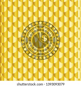 chart icon inside gold emblem or badge. Scales pattern. Vector Illustration. Detailed.