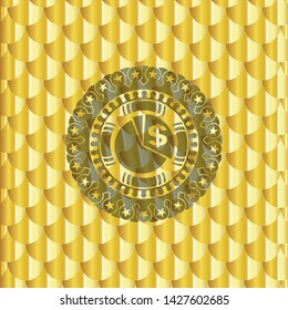 chart icon inside gold emblem or badge. Scales pattern. Vector Illustration. Detailed.