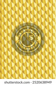 chart icon inside gold emblem or badge. Scales pattern. Vector Illustration. Detailed. 