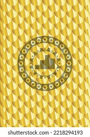 chart icon inside gold shiny badge. Scales pattern. Vector Illustration. Detailed. 