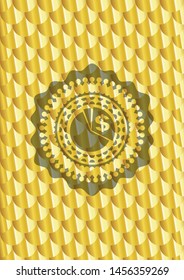chart icon inside golden badge. Scales pattern. Vector Illustration. Detailed.