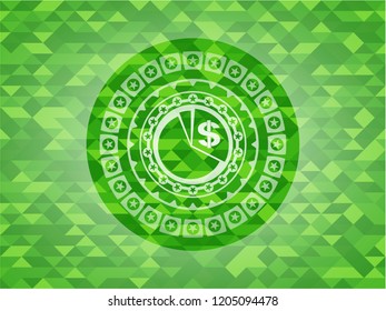chart icon inside green emblem. Mosaic background