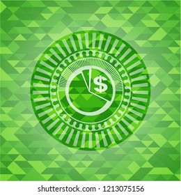 chart icon inside green emblem. Mosaic background