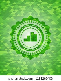 chart icon inside green emblem. Mosaic background
