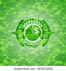 chart icon inside green emblem with triangle mosaic background. 