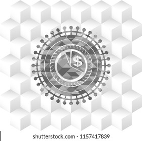 chart icon inside grey badge with geometric cube white background