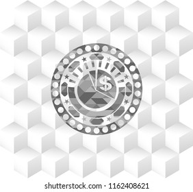 chart icon inside grey badge with geometric cube white background