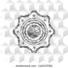 chart icon inside grey badge with geometric cube white background
