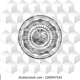 chart icon inside grey badge with geometric cube white background
