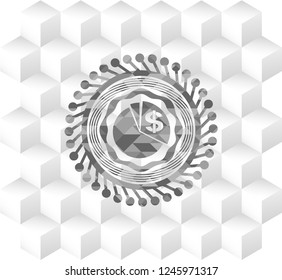 chart icon inside grey icon or emblem with geometric cube white background