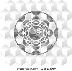 chart icon inside grey emblem with cube white background