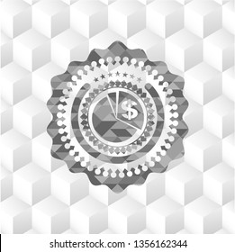 chart icon inside grey emblem with geometric cube white background