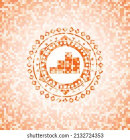 icono de gráfico dentro de la ilustración de fondo de mosaico naranja. Mosaico geométrico cuadrado sin fisuras con emblema interior. 