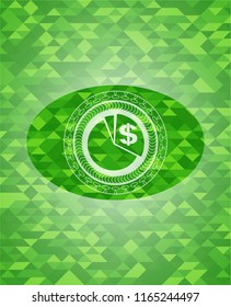 chart icon inside realistic green emblem. Mosaic background