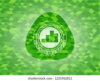 chart icon inside realistic green emblem. Mosaic background