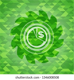 chart icon inside realistic green emblem. Mosaic background
