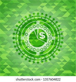 chart icon inside realistic green emblem. Mosaic background