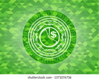 chart icon inside realistic green emblem. Mosaic background