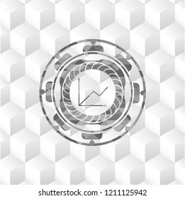 chart icon inside realistic grey emblem with geometric cube white background