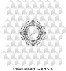 chart icon inside realistic grey emblem with geometric cube white background