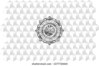 chart icon inside realistic grey emblem with geometric cube white background