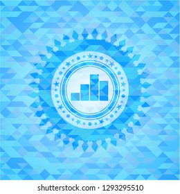 chart icon inside realistic sky blue emblem. Mosaic background