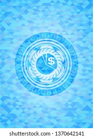 chart icon inside realistic sky blue emblem. Mosaic background