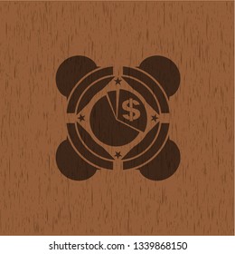chart icon inside realistic wood emblem